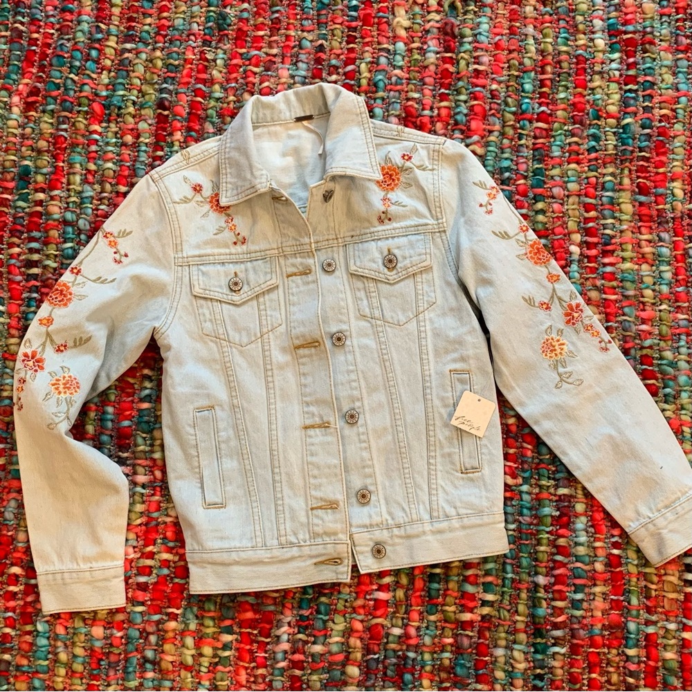 NEW free people embroidered denim jacket .